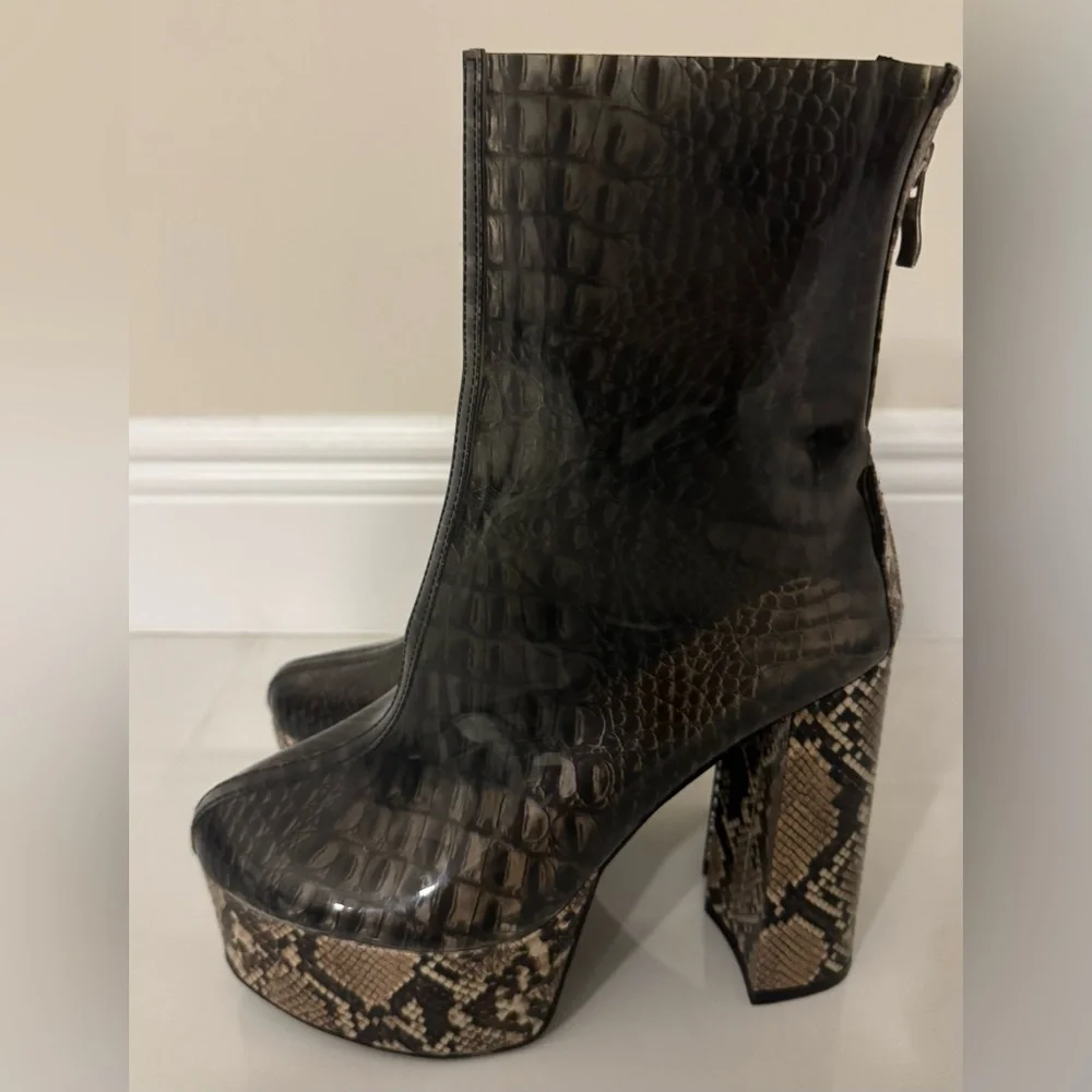 Women’s Platform Ankle Boots in Black with Snake-Print Accents